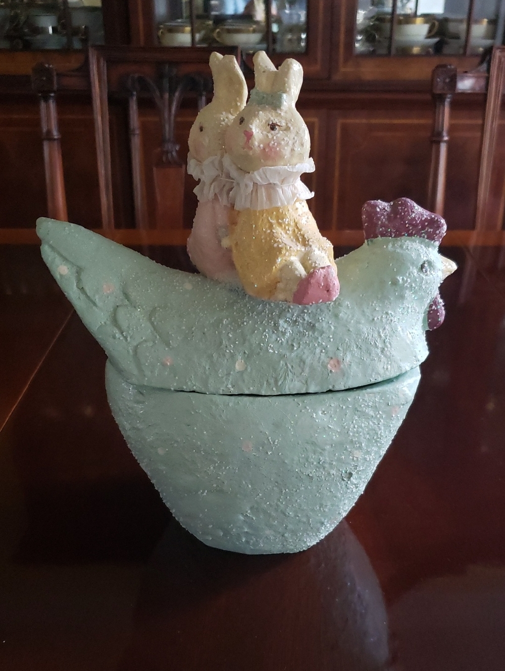 Pastel Mint Chicken Trinket Box with Bunny Figurines - Home Art